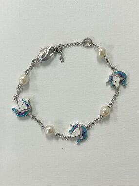 Sterling Silver Unicorn Bracelet with Pearls - Blue Accents